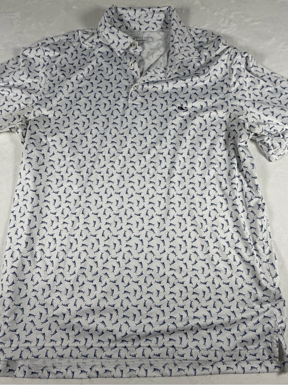 Vineyard Vines White Polo with Navy Fish Motif
